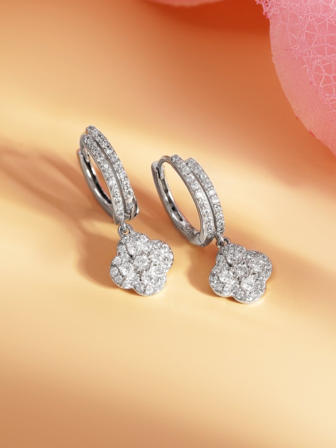 925 Fine Silver Crystal Clover Hoop Drop Earrings
