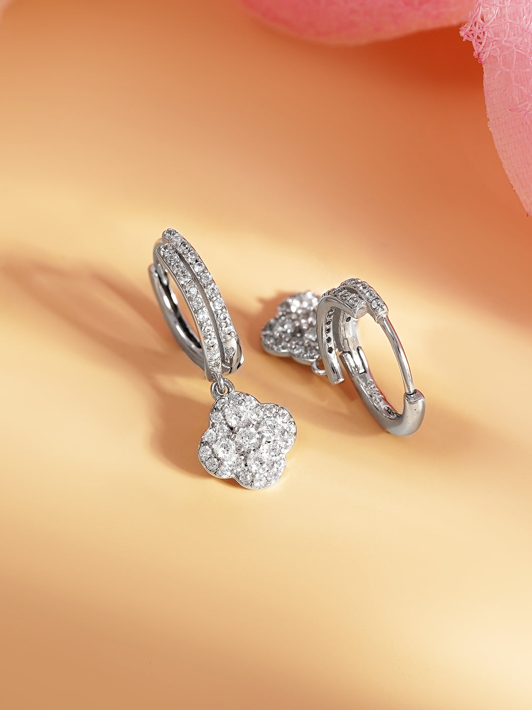 925 Fine Silver Crystal Clover Hoop Drop Earrings