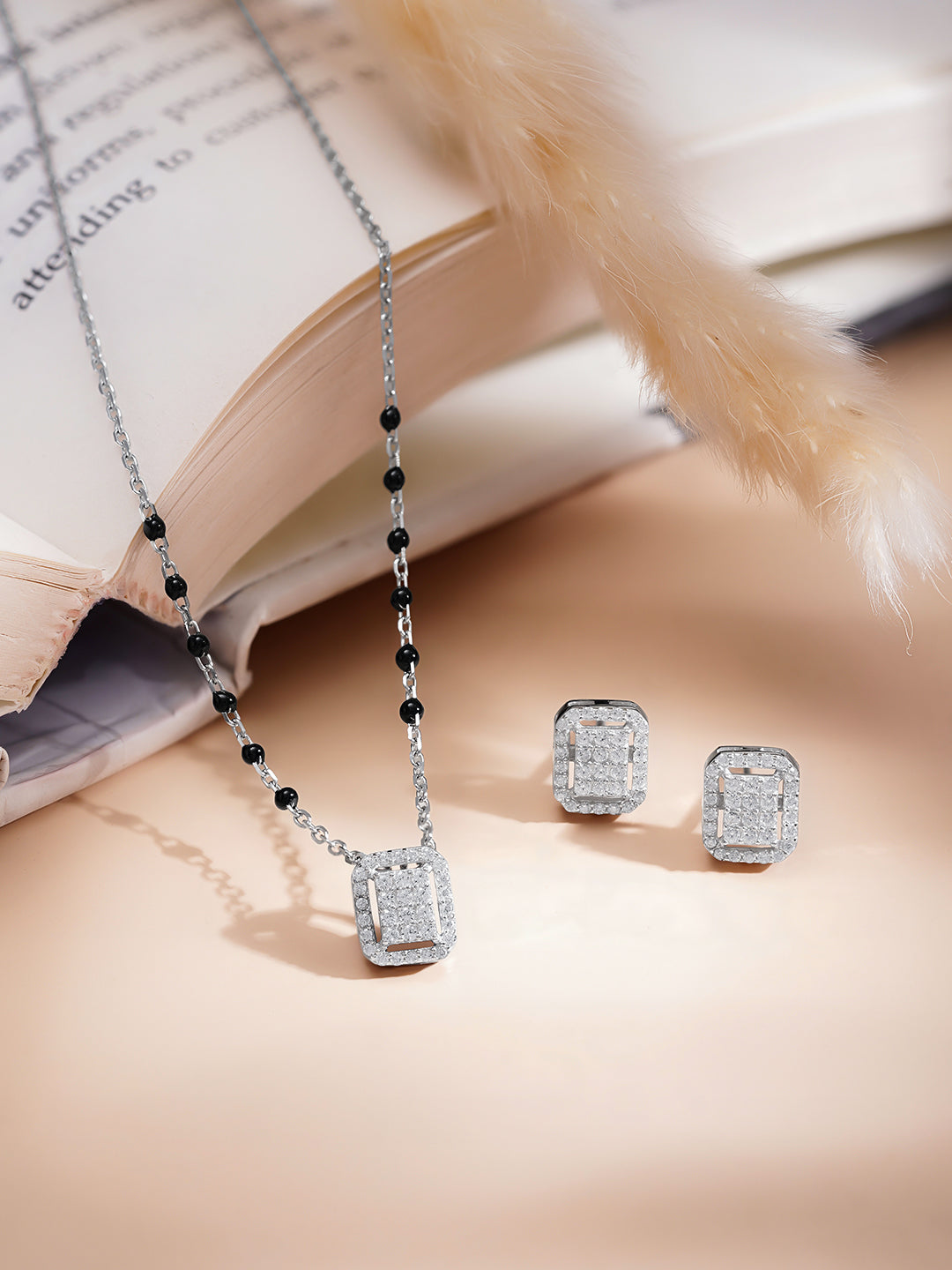 925 Fine Silver Diamond Frame Mangalsutra Set