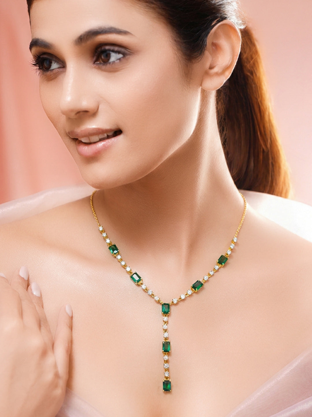 925 Silver Gold Plated Emerald & Baguette Crystal Y Drop Necklace