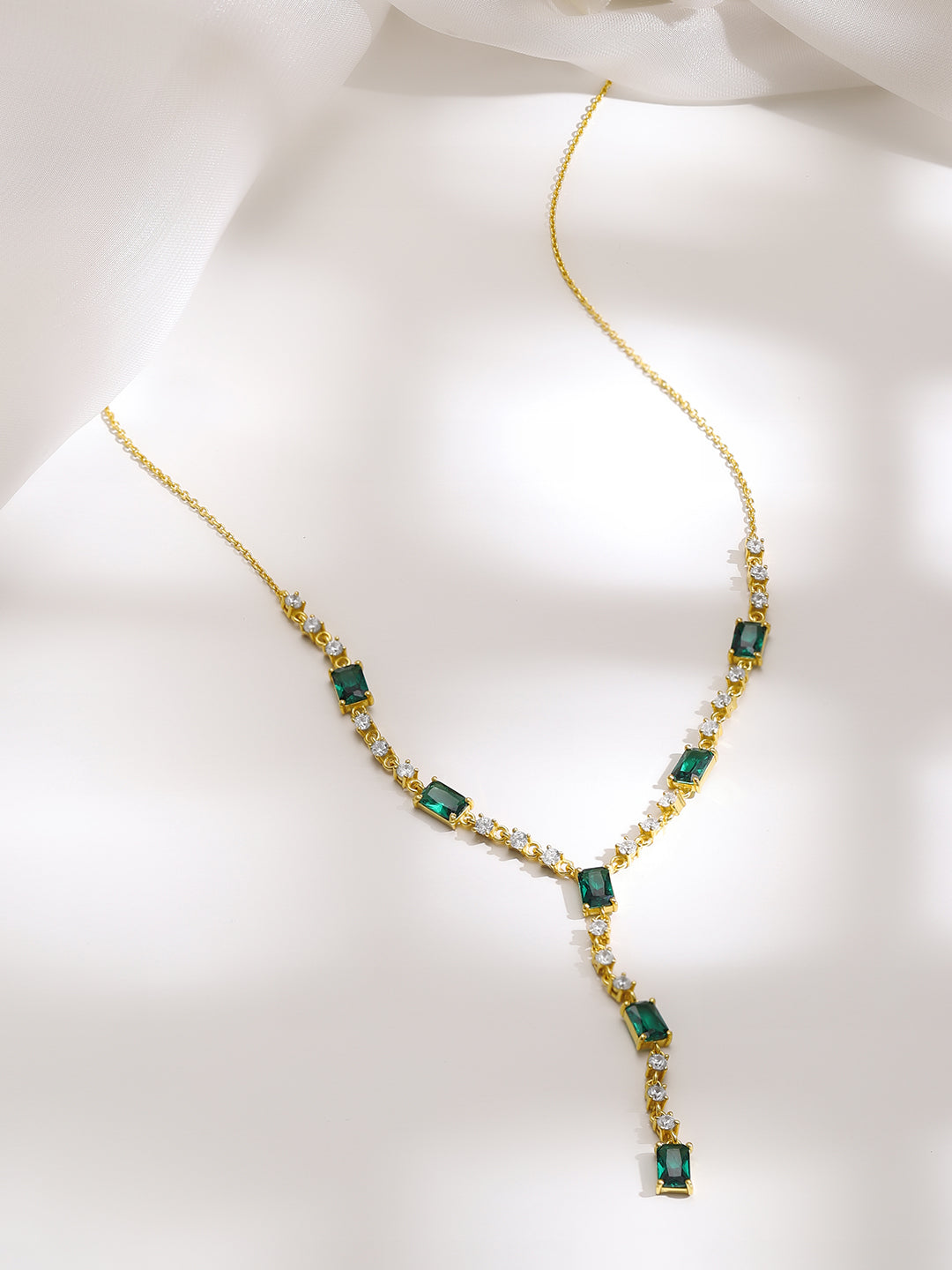 925 Silver Gold Plated Emerald & Baguette Crystal Y Drop Necklace