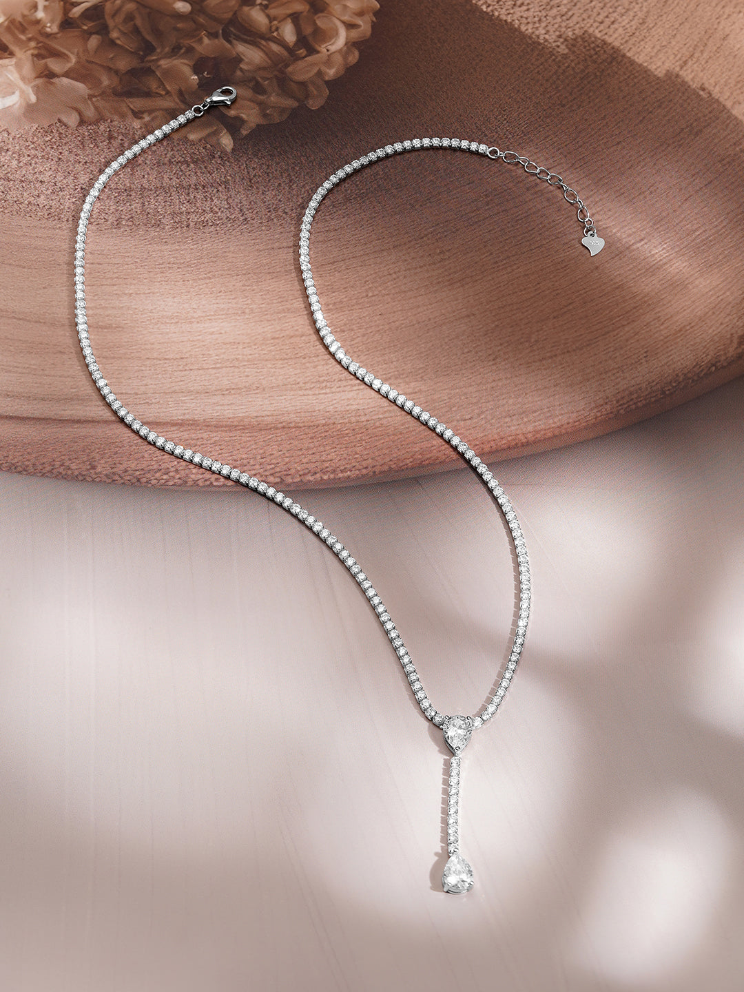 925 Fine Silver Rhodium Plated American Diamond Zirconia Teardrop Necklace