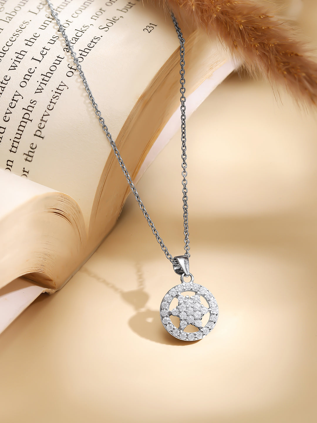 925 Fine Silver Rhodium Plated Round Floral Necklace