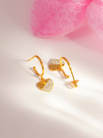 925 Fine Silver Crystal Heart Hoop Drop Earrings