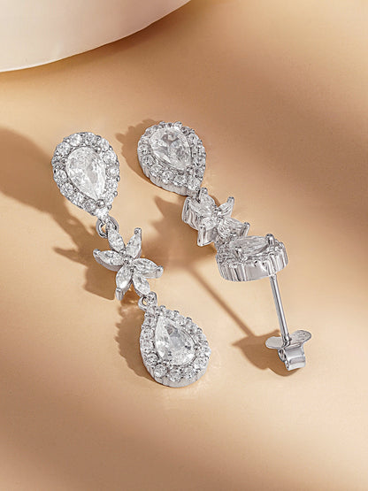 925 Fine Silver Floral Teardrop Drop Earrings