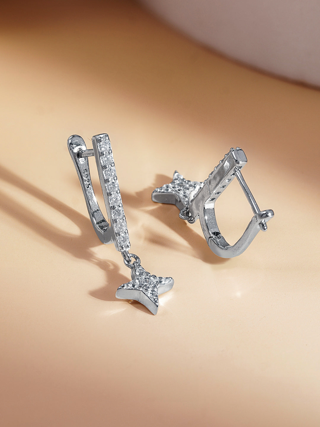 925 Fine Silver Zirconia Star Charm Hoop Drop