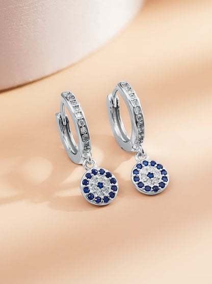 925 Fine Silver Evil Eye Charm Hoop Drop Earrings