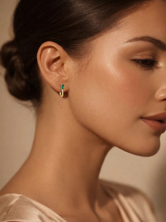 925 Fine Silver Emerald Diamond Stud Earrings