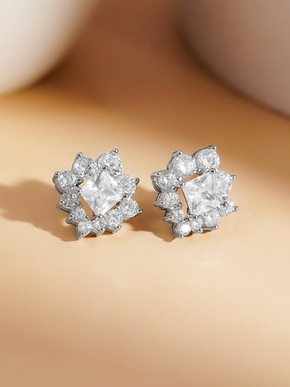 925 Fine Silver Crystal Floral Stud Earrings