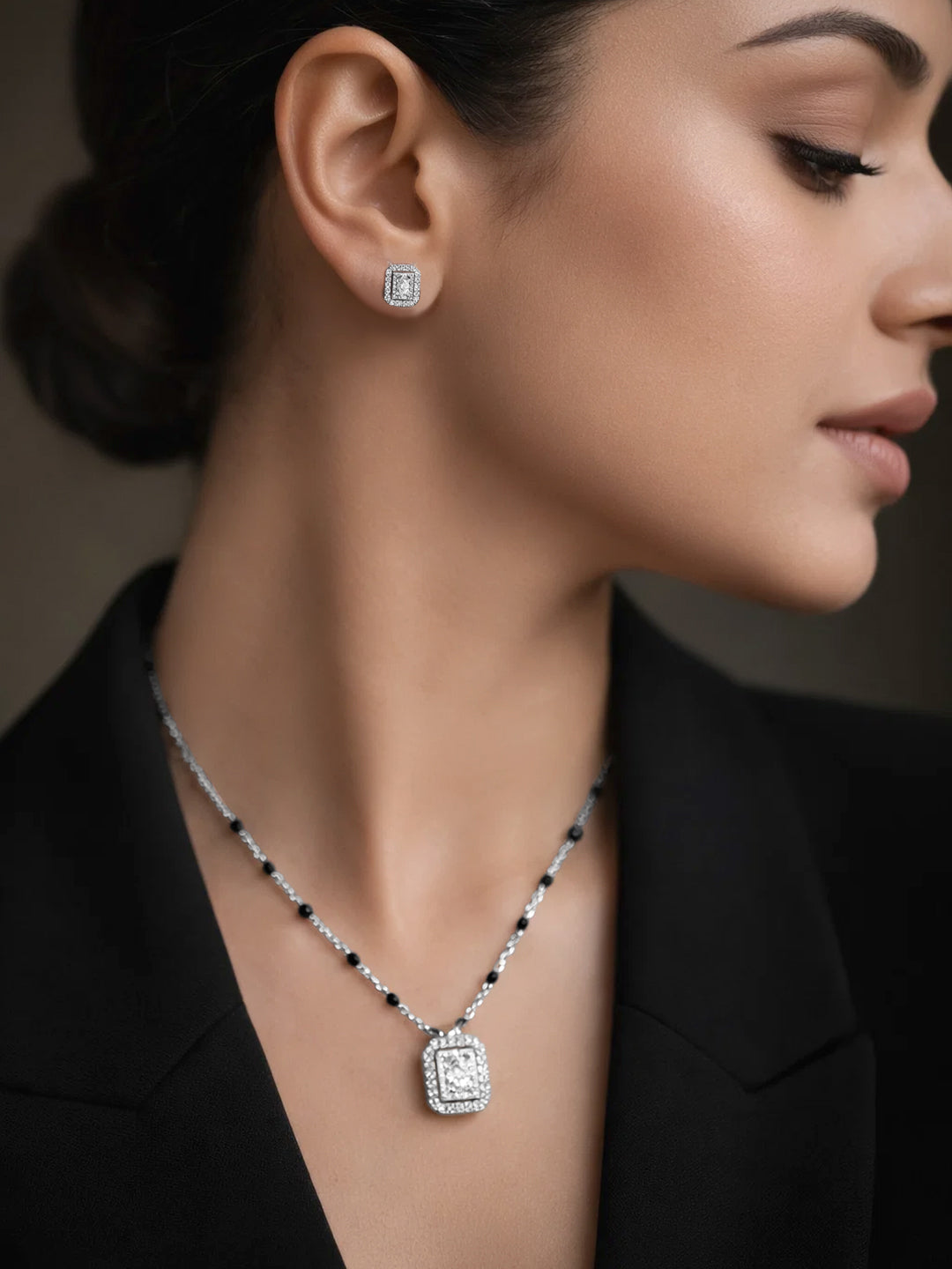 925 Fine  Silver Diamond Frame Mangalsutra Set