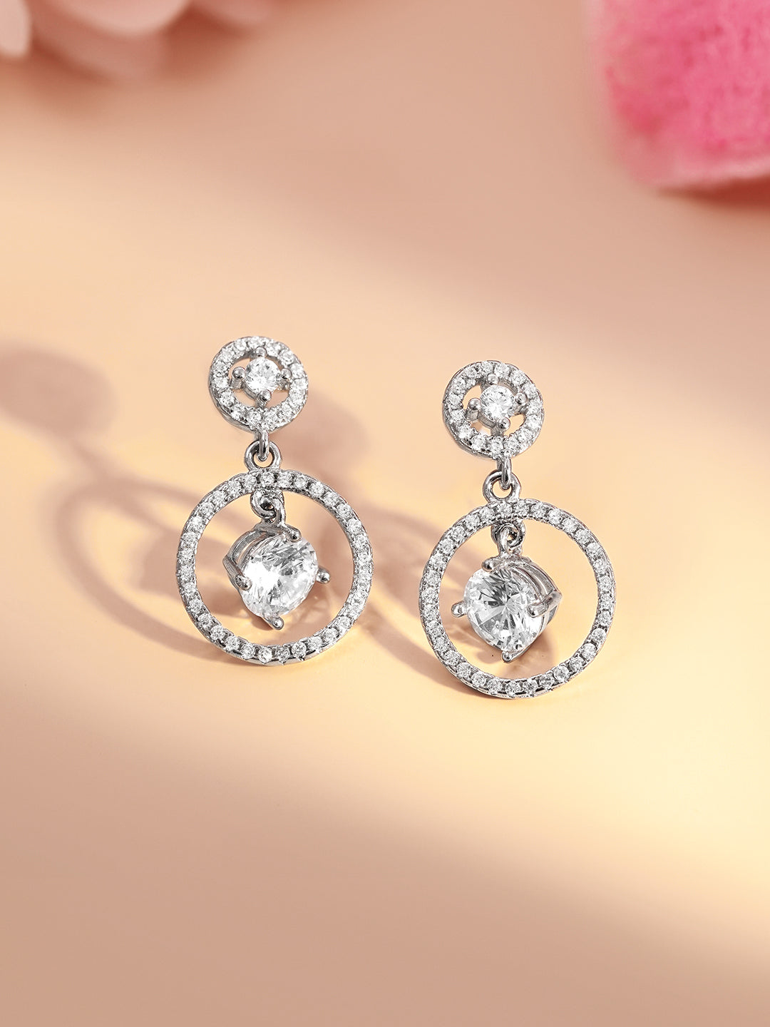 925 Fine Silver Halo Diamond Circle Drop Earrings