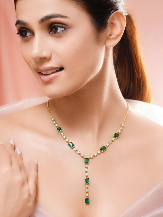 925 Silver Gold Plated Emerald & Baguette Crystal Y Drop Necklace