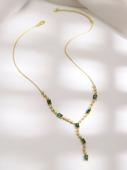 925 Silver Gold Plated Emerald & Baguette Crystal Y Drop Necklace