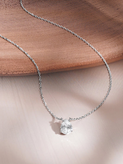 925 Fine Silver Pear Cut Solitaire Cubic Zirconia Pendant Necklace